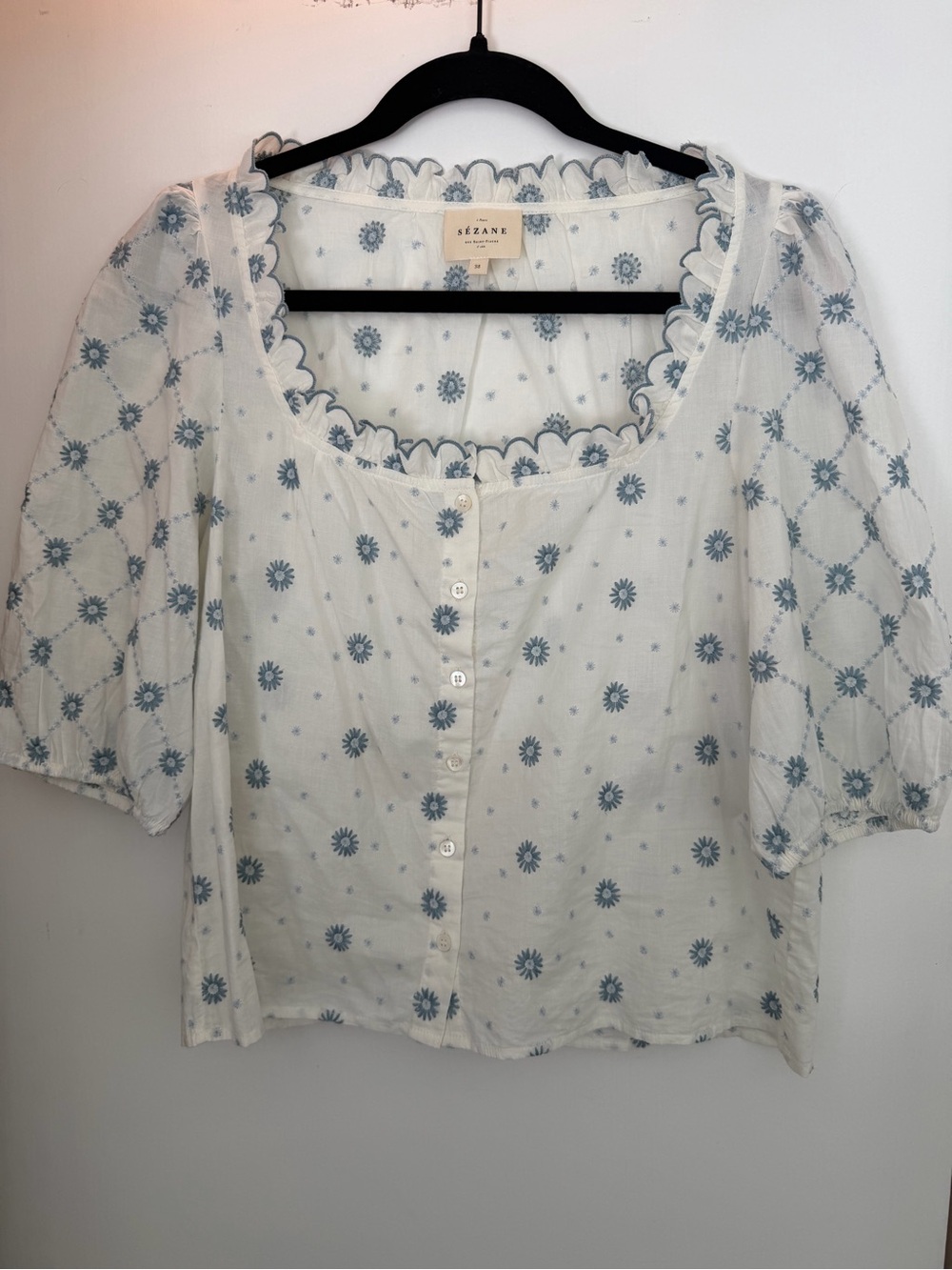 Sezane Kellia Shirt Blue Ecru Daisies - Size 6 - Picture 4 of 8
